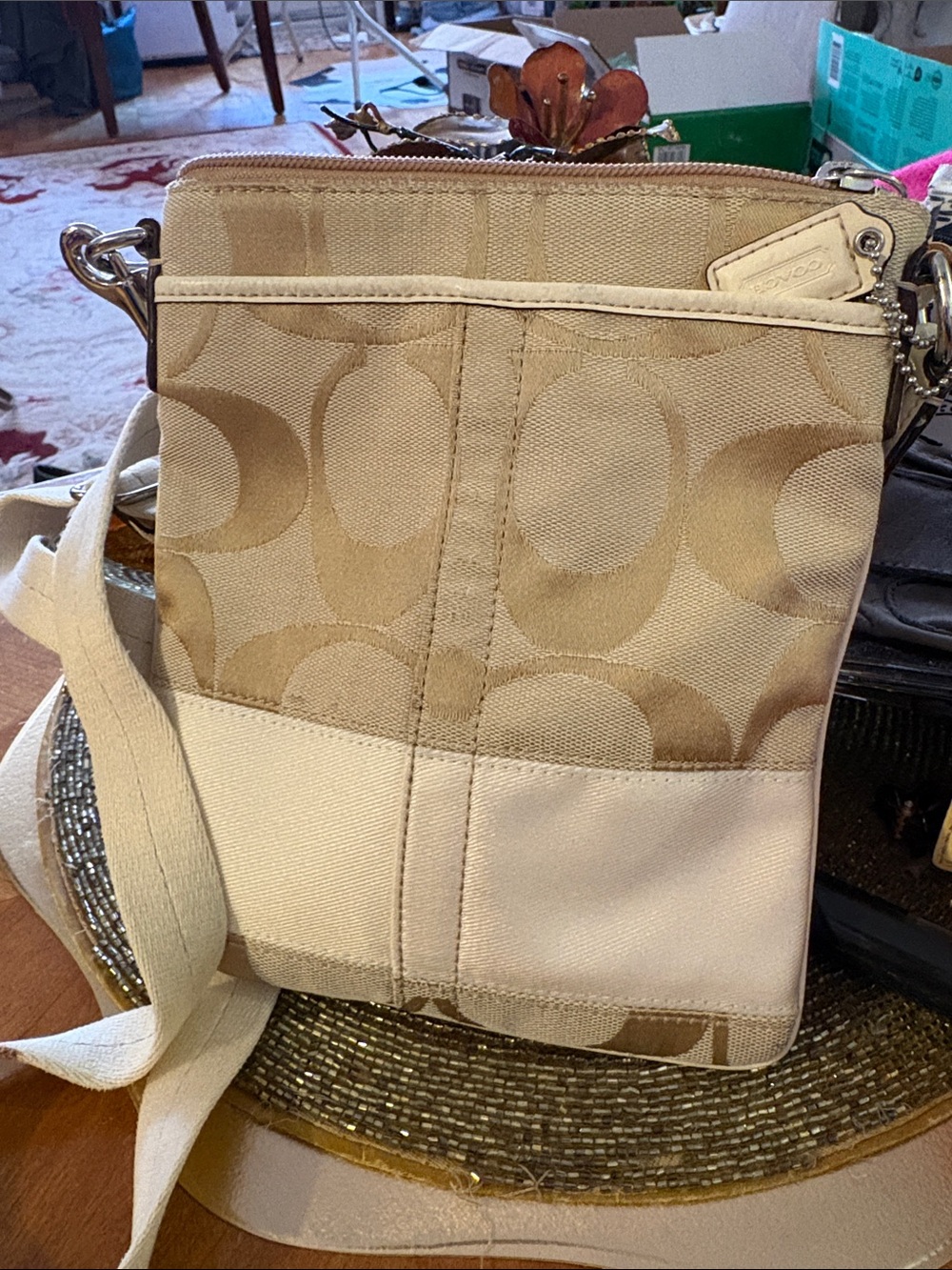 Coach Two-Tone Beige & Cream Signature Crossbody